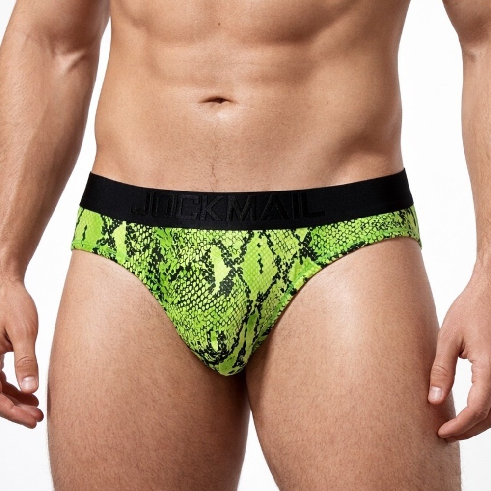 Jockmail Men's Neon Green Snake-Print Briefs